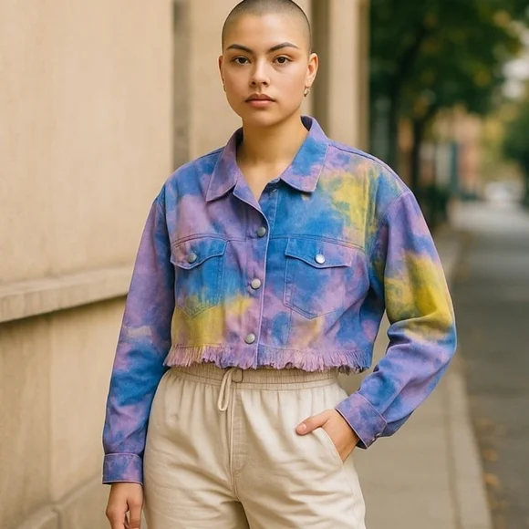 Vintage Fringe Denim Cropped Tie-Dye Jacket - Size Medium - Picture 1 of 13